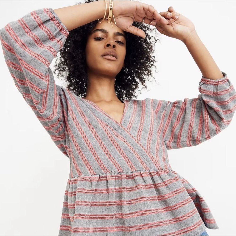 MADEWELL‎ Striped Bubble-Sleeve Peplum Top Gray Red